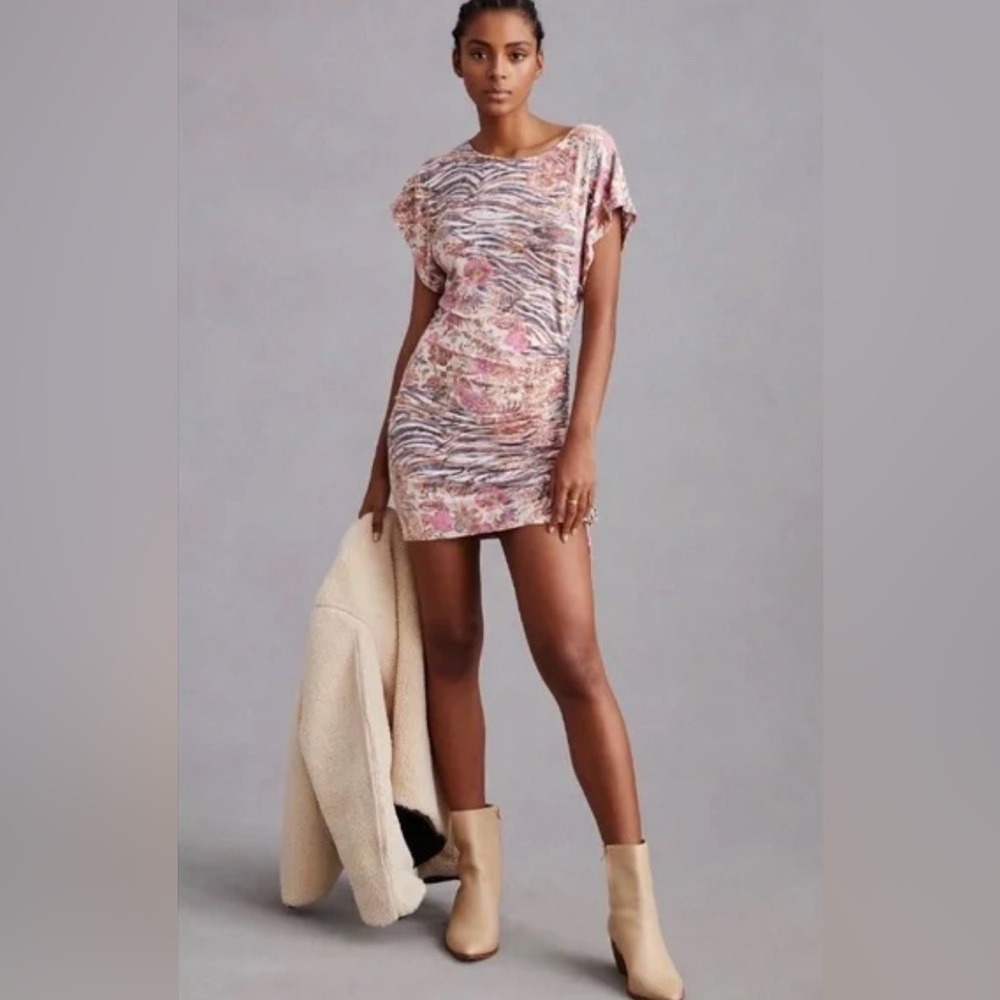 Anthropologie Daily Practice Zebra Print Floral Ruched Mini Dress XS Bodycon